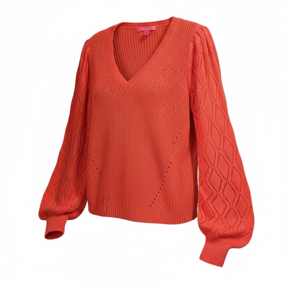 Lilly Pulitzer Luletta Sweater Sz M Spicy Coral Balloon Sleeves Coastal Beachy